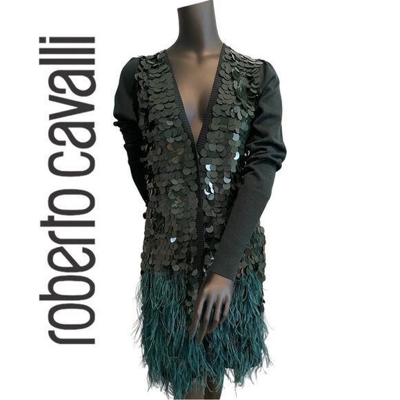 Roberto Cavalli Cardigan with large sequin and feather detail. Size 46 US 10-12 - Picture 1 of 10